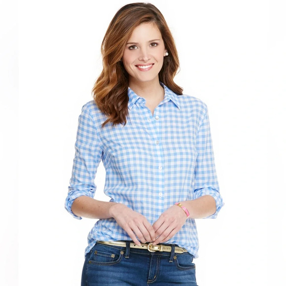 Vineyard Vines Tops - Vineyard Vines Gingham Picnic Style Plaid Size 10 Blue White Button Down Relaxed